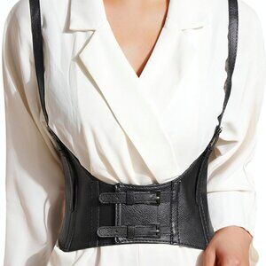 Women's Black Wide Waist Faux Vegan Leather Corset Harness Suspenders Belt
